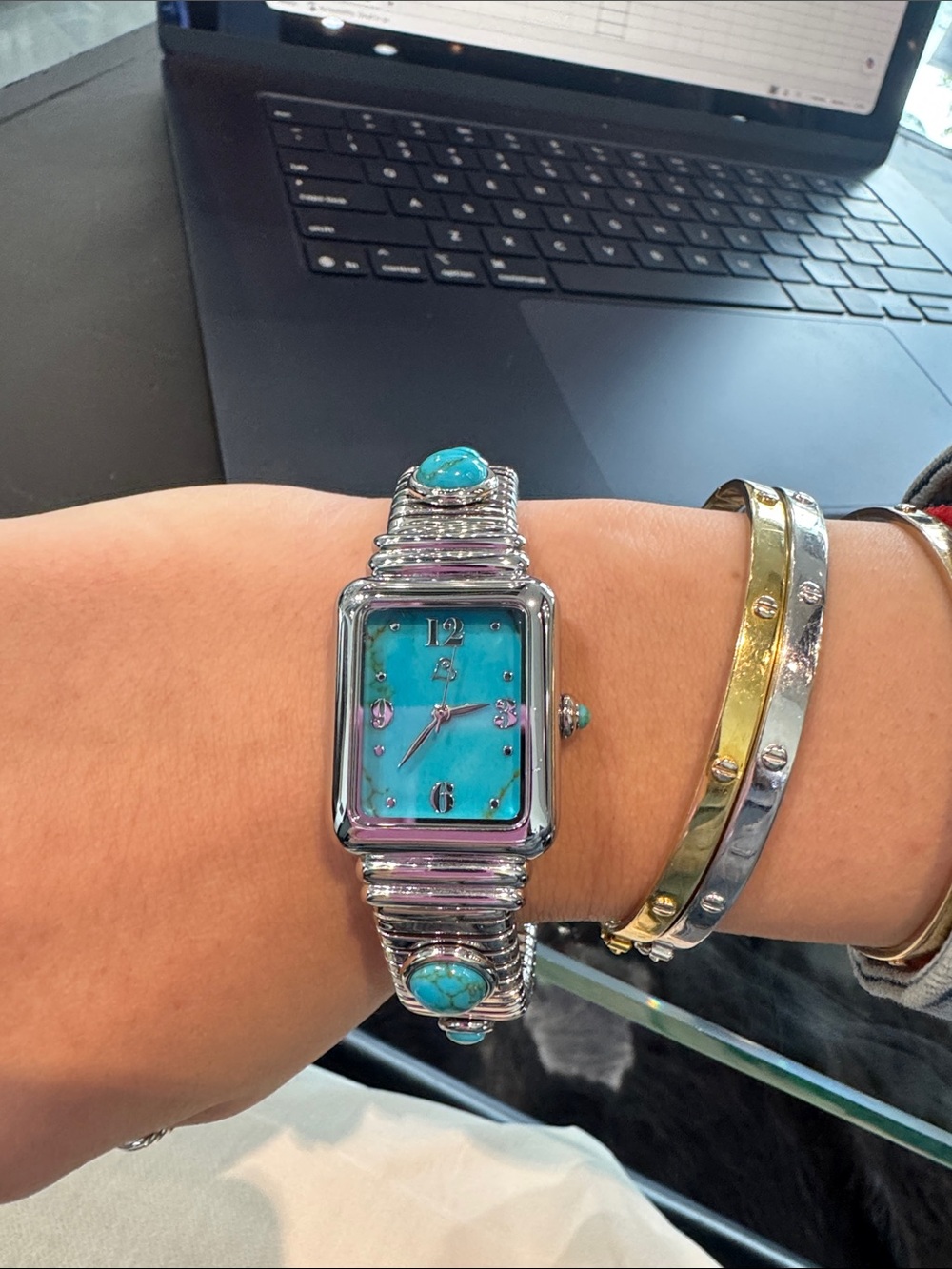 Colleen Lopez HSN Turquoise Gemstone Dial Rectangular Silver-Tone Cuff Watch